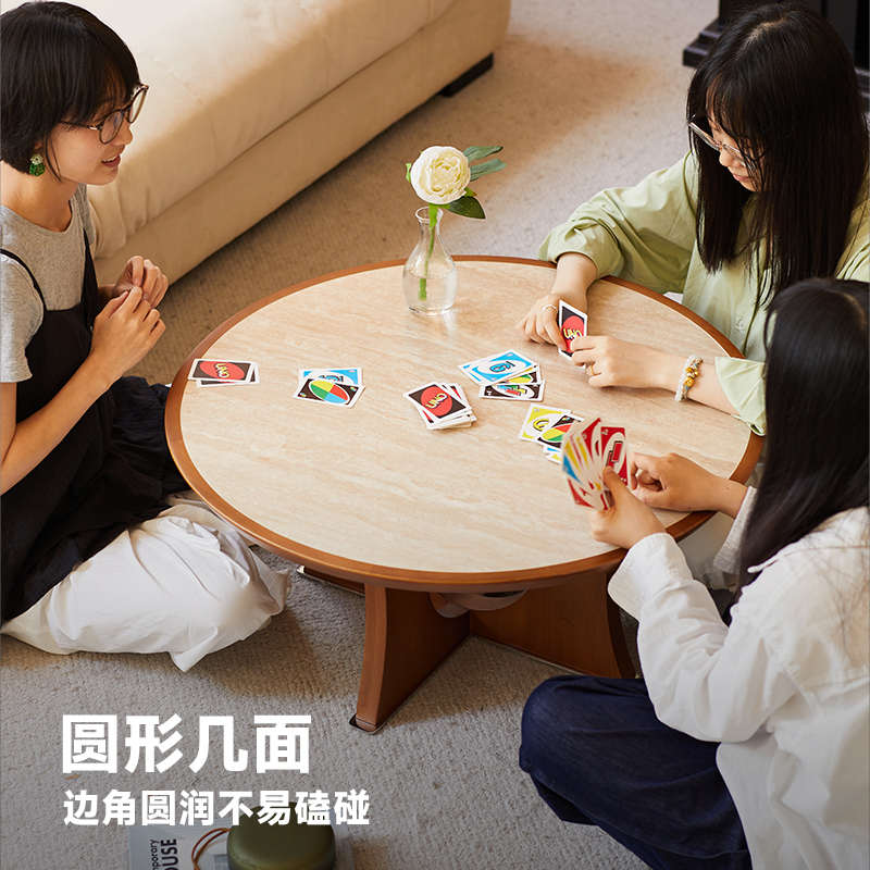 法式复古实木洞石岩板茶几小户型客厅沙发边几圆形小茶桌创意桌子