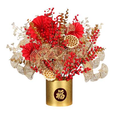 金色银杏叶仿真花新年福桶尤加利