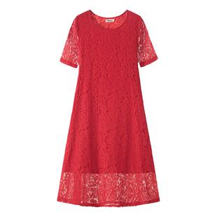 妈妈夏装胖mm大码蕾丝短袖连衣裙女2026新款夏季度假红色长裙子潮
