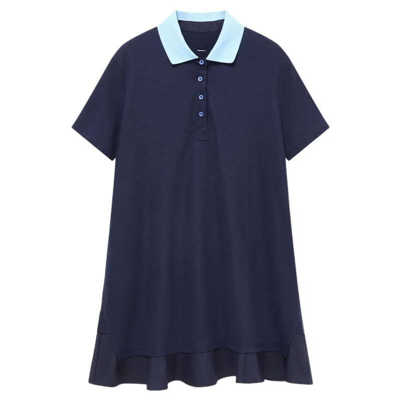 百家好学院风翻领撞色连衣裙女夏季藏青色短袖减龄荷叶边中长裙子