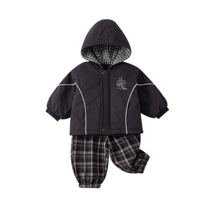 小月龄男宝宝冬装加绒外套两件套婴儿衣冬季外出分体套装韩版洋气