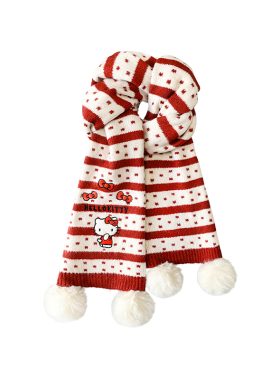 红色条纹HelloKitty针织围巾女秋