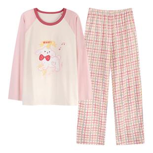 纯棉睡衣女款春秋季带胸垫全棉长袖可爱卡通甜美少女初中生家居服