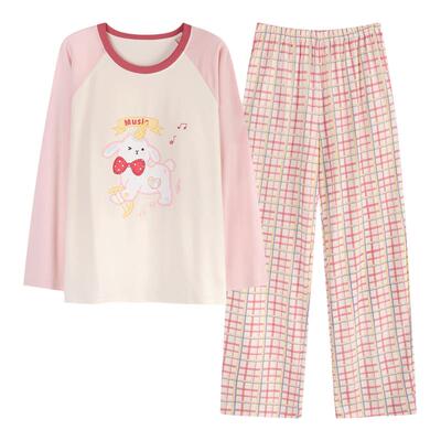 纯棉睡衣女款春秋季带胸垫全棉长袖可爱卡通甜美少女初中生家居服