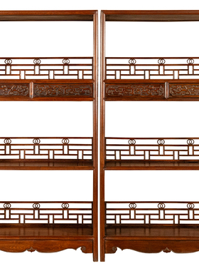 红木实木螭龙纹三层书架一对