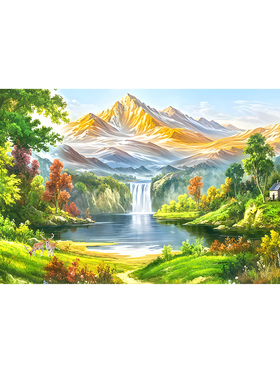 背靠金山流水生财聚宝盆山水画客厅挂画西墙招财旺宅沙发背景壁画