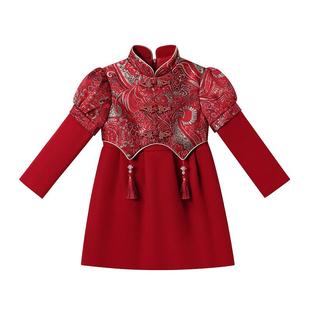 新年衣服女童汉服秋冬女孩拜年服冬装儿童连衣裙2025过年服红裙子