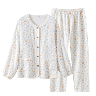 田园风女纯棉双层纱布收口长袖长裤睡衣春秋夏季薄款开衫甜美套装