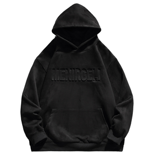 悟空有货美式麂皮绒钢印字母连帽卫衣男复古宽松潮流百搭情侣外套