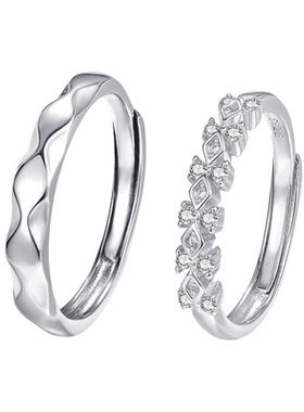 缘定双方情侣开口戒指S925纯银菱方微镶锆石对戒七夕情人节礼物