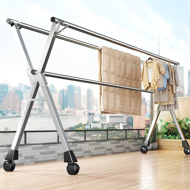 挂晒衣架落地阳台晾被室外卧室不锈钢伸缩双杆折叠晾衣架落地杆式