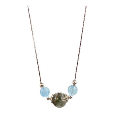 天然绿幽灵海蓝宝纯银锁骨链项链