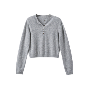 YANGLE_绵羊毛针织衫女2025新款韩系氛围感秋季穿搭灰色长袖上衣