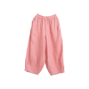 忘城Y691座/春夏新款14支砂洗亚麻宽松显瘦气球裤粉色裤子休闲裤