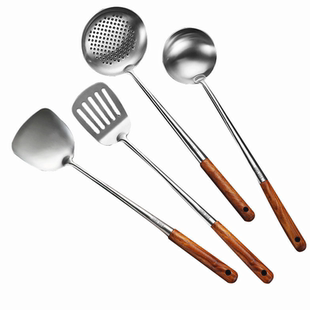 304不锈钢梨花木柄炒勺厨师专用炒菜勺子家用加厚长柄汤勺木柄锅
