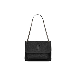 9.9新YSL/圣罗兰YSL Niki 银链黑标Logo复古褶皱小牛皮单肩斜挎包