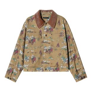 【马年限定】Unvesno(UN)中古感西部牛仔赛马满印拼马毛领夹克