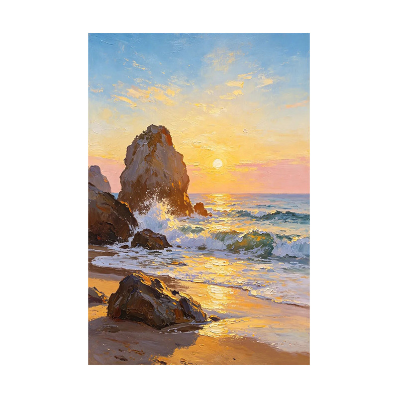 可班纯手绘油画海岸礁石风景挂画