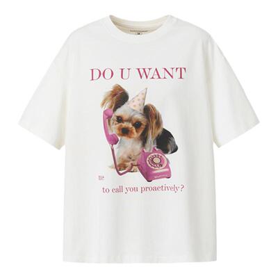 BETWEENAND 夏季约克夏call短袖宽松圆领百搭休闲重磅纯棉T恤女