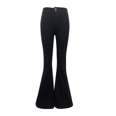 黑色双扣加绒喇叭牛仔裤女长裤