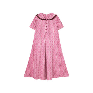 一城画一夏季文艺范提花大翻领长款连衣裙系带修身粉紫长裙