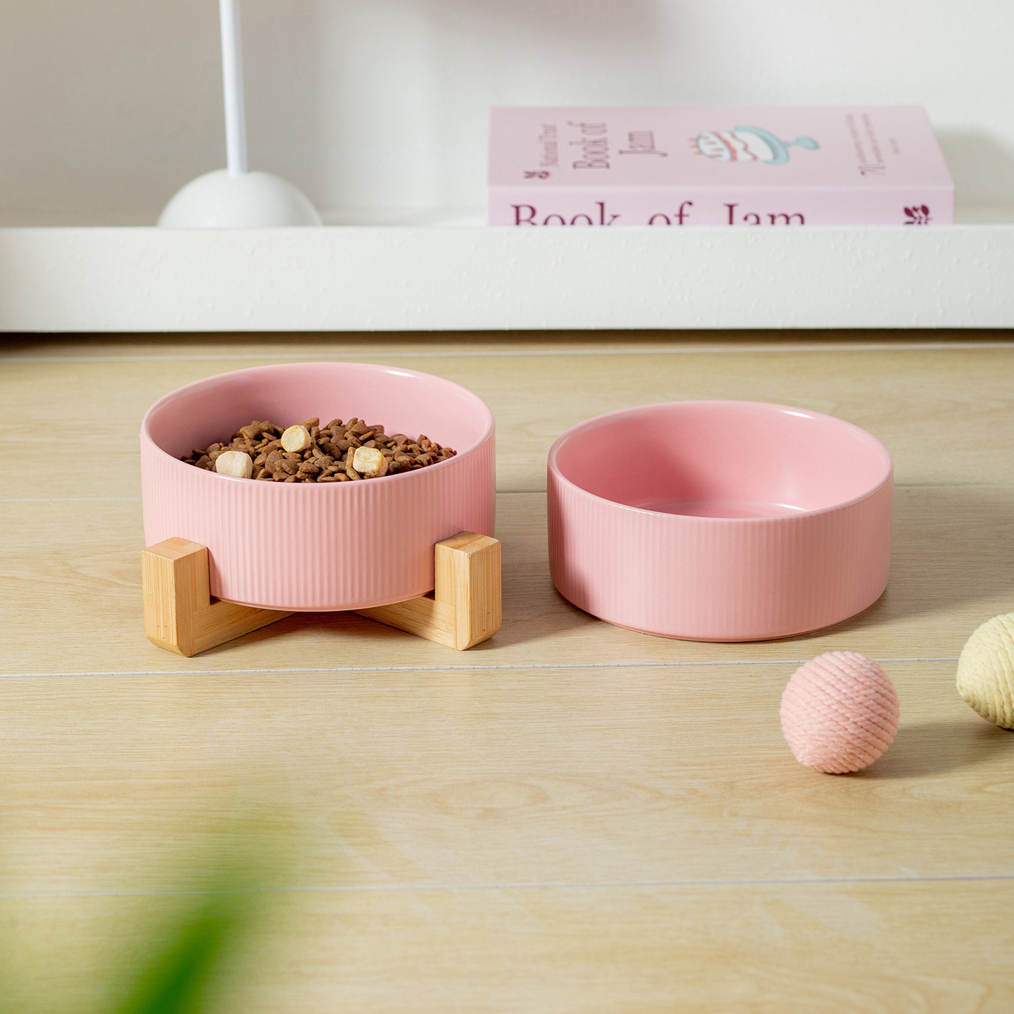 猫碗奶油风系列条纹直口碗带碗架家用陶瓷宠物碗大容量狗碗喝水碗