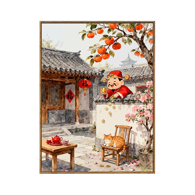 中国风柿柿如意财神爷数字油画