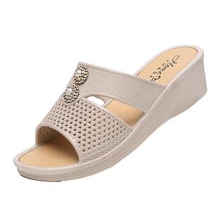 女士高跟拖鞋夏季外穿厚底时尚家居浴室防滑妈妈鞋软底坡跟凉拖鞋