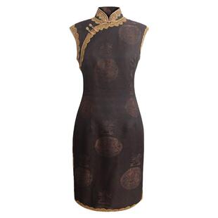 真丝优雅深色高端蕾丝中国风平时穿宴会复古香云纱短款女旗袍礼服