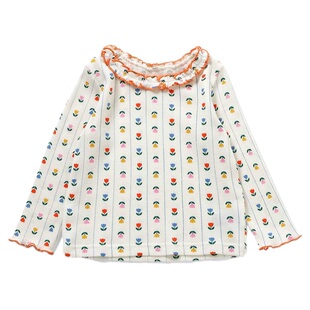 日本 apreslescours 2026春夏女童碎花百褶柔软华夫格圆领长袖T恤