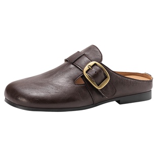 达芙妮勃肯鞋半拖2026新款春季包头凉拖鞋平底单鞋女款棕色小皮鞋