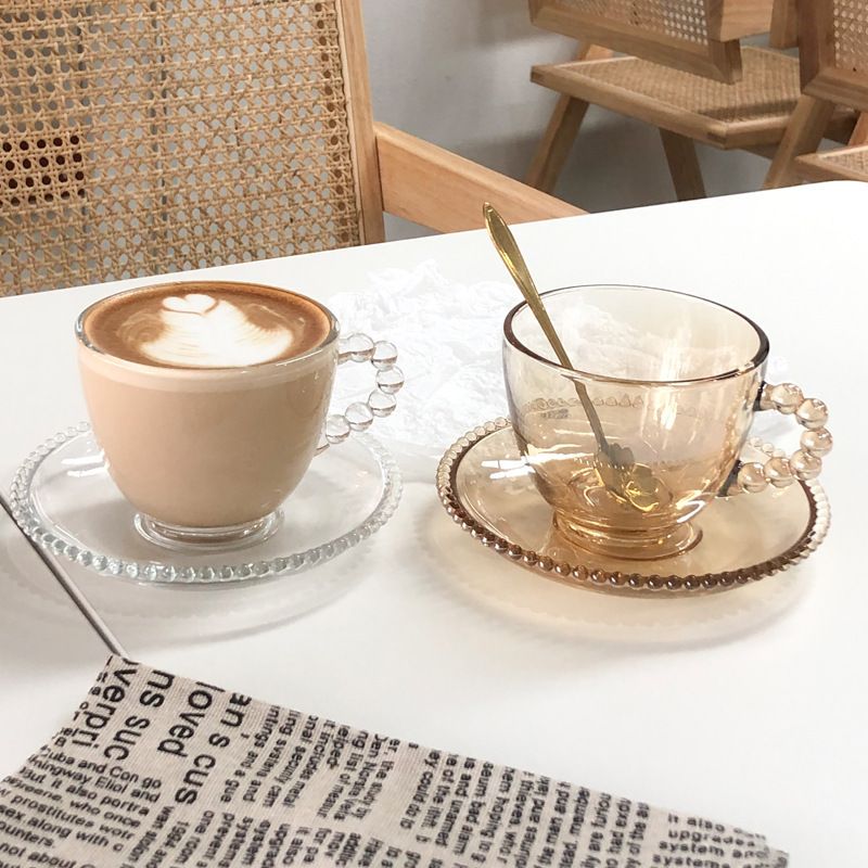 创意珠点家用杯子女碟可爱玻璃茶杯少女早餐水杯下午咖啡杯透明