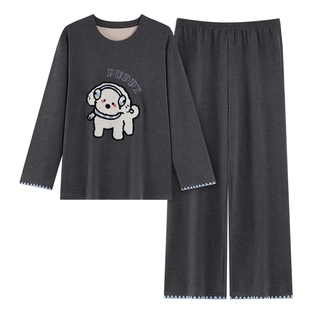 女士睡衣秋冬季新款德绒保暖磨毛圆领长袖长裤卡通可爱家居服套装