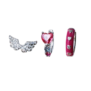 二十二丁目玫红爱心耳圈耳扣甜酷满钻翅膀钛钢耳钉女超闪锆石耳饰