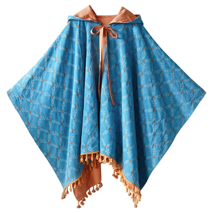 现货【秋意风浓】流苏披肩女秋外搭斗篷正反两穿连帽牛仔提花风衣