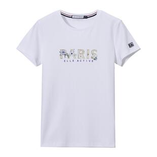 ELLE Active圆领短袖白色t恤女夏季新款运动风半袖印花棉上衣修身