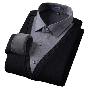 【羊毛混纺】罗蒙2025秋冬新款针织衫假两件男士衬衫加绒打底毛衣