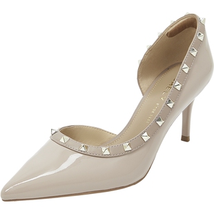 康莉夏季新款真皮铆钉凉单鞋女侧空细跟气质裸色高跟鞋斩男小众鞋