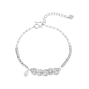 明牌珠宝925银手链财运闪闪碎冰冰五帝钱时尚闪亮银饰品女友礼物