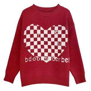 清仓!圆领加厚毛衣女秋冬新款韩版撞色提花爱心针织宽松内搭打底