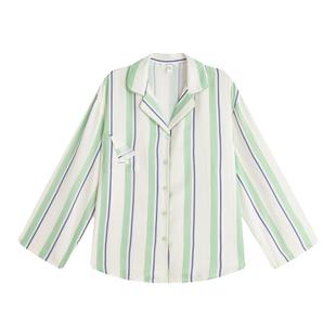 春秋绿色撞色条纹泡泡纱睡衣女长袖长裤奢华舒适透气家居服套装