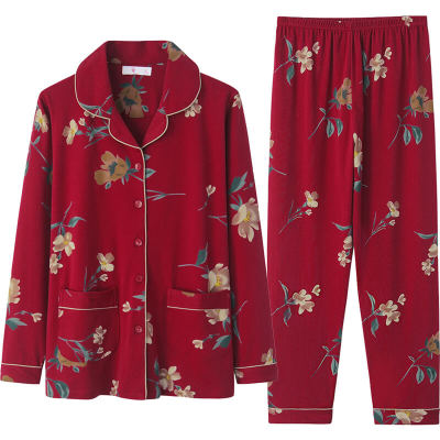 春秋款纯棉长袖开衫红色家居服