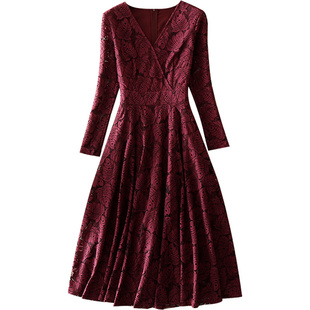 清仓春秋新款欧美高端气质优雅女装中长款礼服裙长袖蕾丝连衣裙