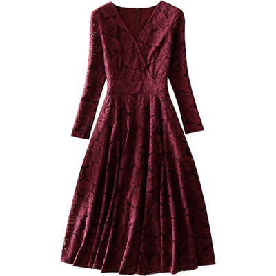 清仓春秋新款欧美高端气质优雅女装中长款礼服裙长袖蕾丝连衣裙