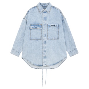WE11DONE25早秋女士宽松牛仔衬衫刺绣logo可调节系带衬衫