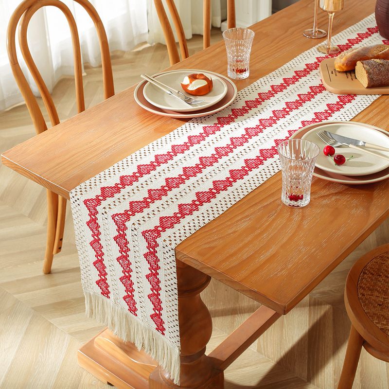爱心刺绣棉麻风桌旗流苏穗轻奢茶几布美式复古台布长桌布桌巾现货