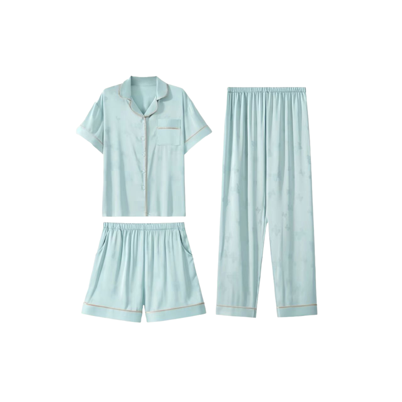 蝴蝶印花真丝睡衣女2025新款夏季带胸垫三件套家居服送妈妈礼盒装