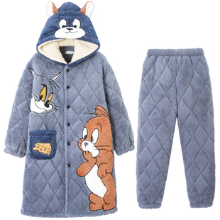 珊瑚绒睡衣男秋冬季加厚加绒三层夹棉猫和老鼠睡袍长款家居服套装