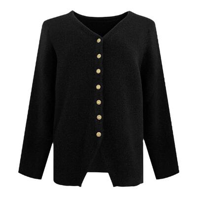 NAZ那子大码秋装新款V领开叉针织开衫胖mm洋气显瘦内搭修身上衣