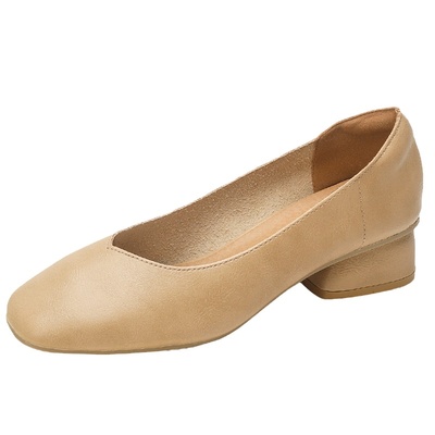 真皮单鞋女粗跟复古浅口奶奶鞋